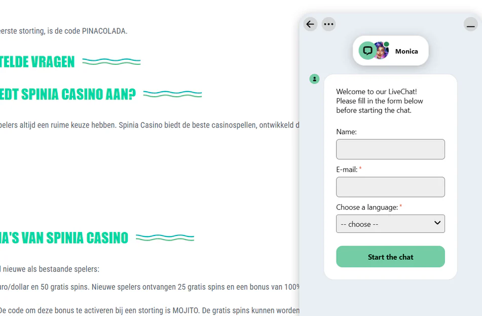 Livechat van Spinia Casino met supportmedewerker Monica en een contactformulier voor naam, e-mailadres en taalkeuze